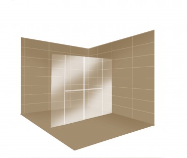 Freespace Two - Corner and In-line fixed panel with split doors full height 6mm glass